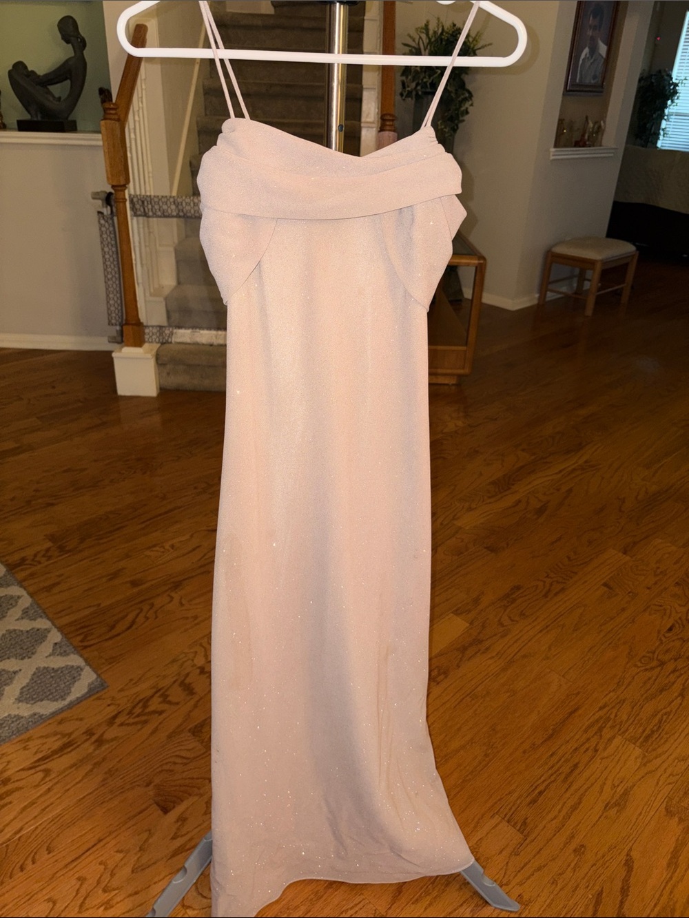 Betsy & Adam Light Beige Sparkle Spaghetti Strap Prom Dress